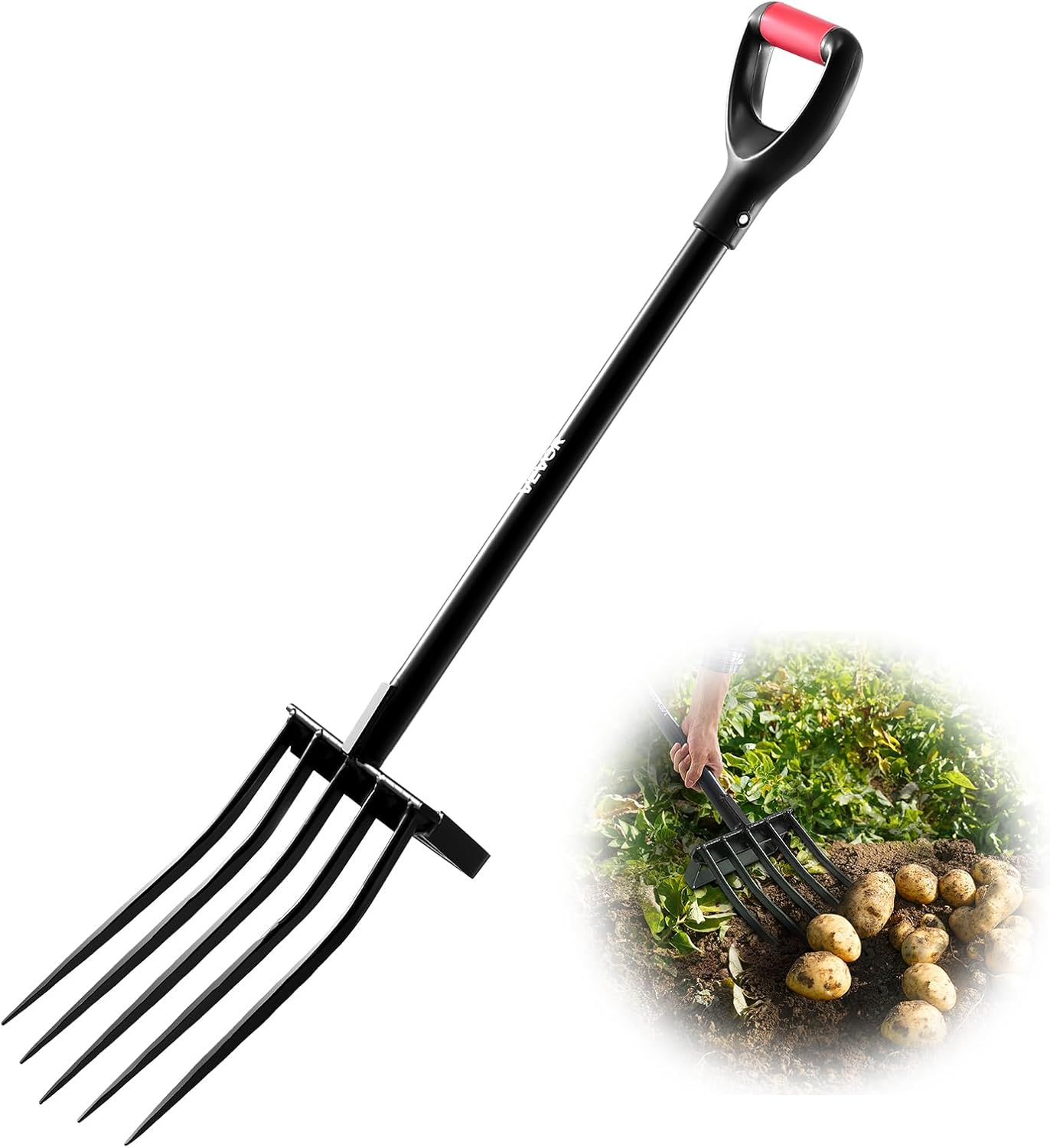 Spade Digging Fork - Garden Fork, 5-Tine Gardening Pitchfork with